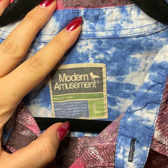 Modern Amusement Red and Brown Geometric Shirt with Blue Pocket - Picture 3 of 3